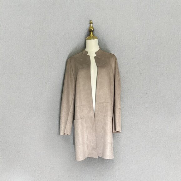 H&M Womens Jacket 12 Beige Faux Suede Open-Front Long Coat Classic Lightweight - Picture 1 of 8